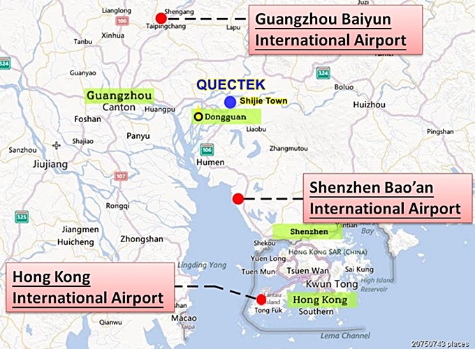 Quectek Factory and HKIA, SZX & CAN International Airports Location Map